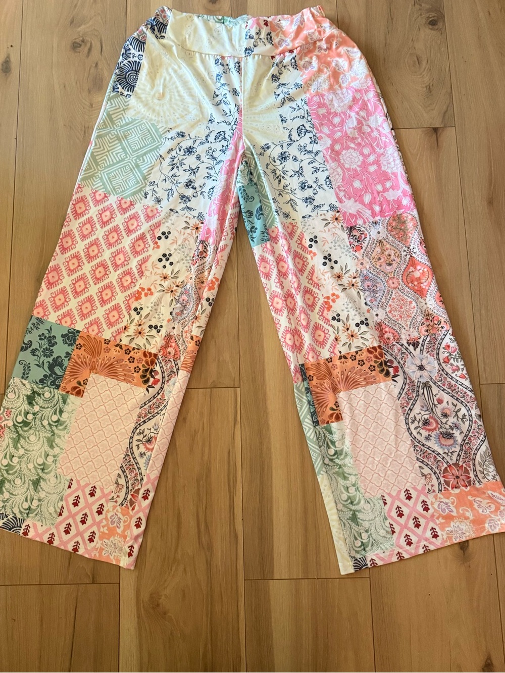 Patchwork Print Wide Leg Lounge Pants - Pink, Coral & Mint Size Medium